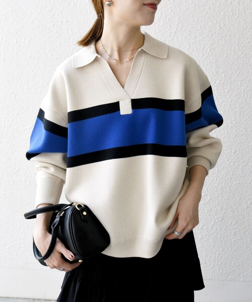 SHIPS any ニット セーター any:「手洗い可能」パネル ボーダー