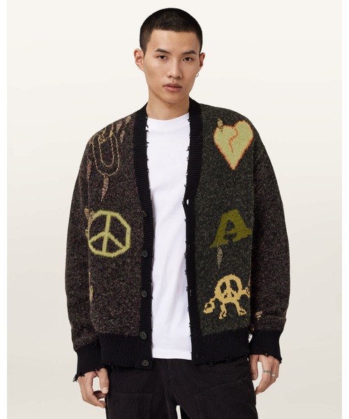セーター モノグラムモチーフ ウール ジャカードカーディガン ALLSAINTS（オールセインツ） カーディガン EMOTIVE OVERSIZED