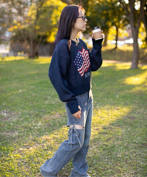 ニット セーター 「アメリカフラッグジャガード×メランジ風