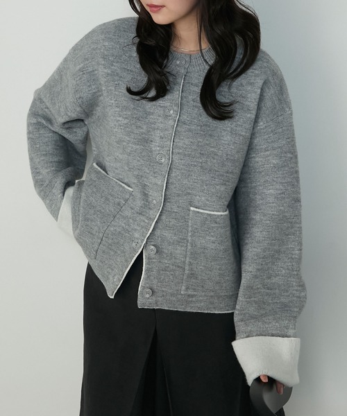 美品⁑エブール　ブライトダブルフェイスニットブルゾンカーディガン　ブルー×グレー セール】ダブルフェイス 配色 ショート丈ニットカーディガン