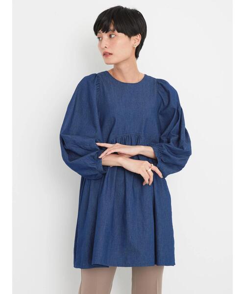 「AMERICAN HOLIC」 7分袖チュニック M インディゴブルー レディース_画像2