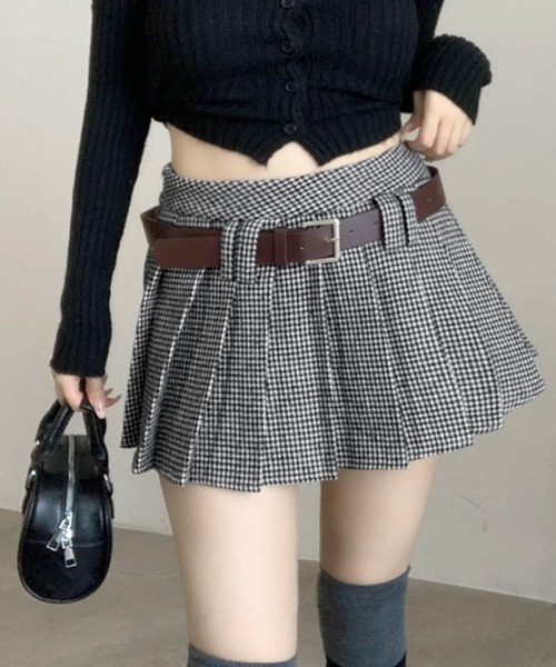 Riff（リフ） スカート 2点セット ベルト付き千鳥格子柄プリーツミニ