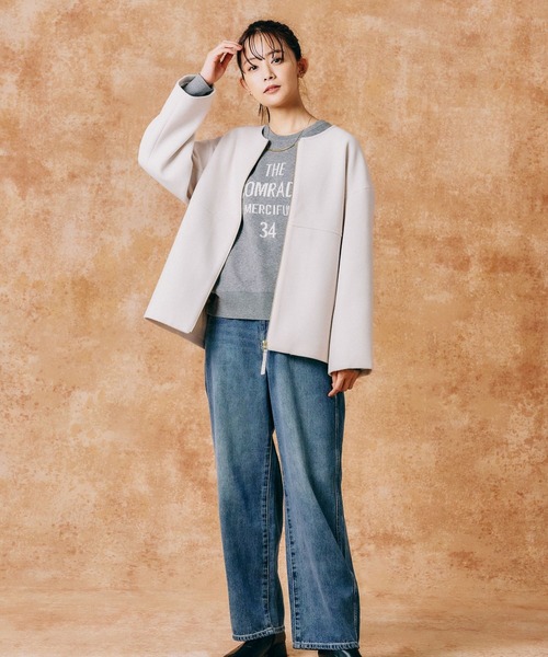 「GLOBAL WORK」 ノーカラーコート MEDIUM 杢グレー レディース_画像2