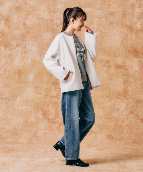 「GLOBAL WORK」 ノーカラーコート MEDIUM 杢グレー レディース_画像3