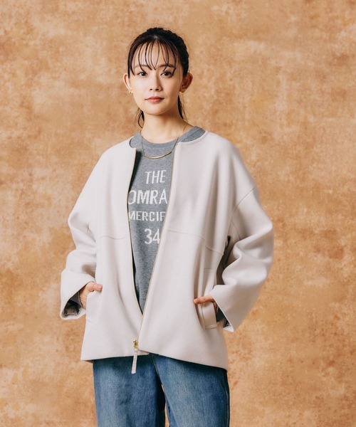 「GLOBAL WORK」 ノーカラーコート MEDIUM 杢グレー レディース_画像6