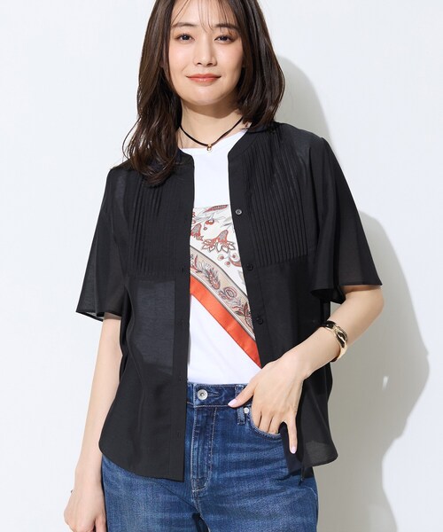 ブラウス シャツ 「接触冷感/洗える」シアーシャンブレーピンタックブラウス レディースの画像