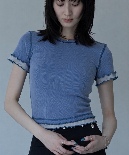 tシャツ 半袖 ウォッシュ加工レイヤードリブTシャツ レディース