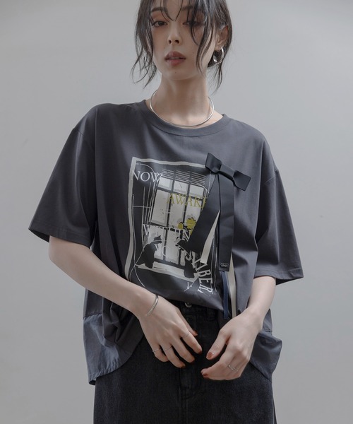Eimee Law（エイミーロウ） tシャツ モノクロアートプリント リボン 