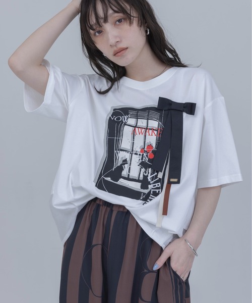 Eimee Law（エイミーロウ） tシャツ モノクロアートプリント リボン