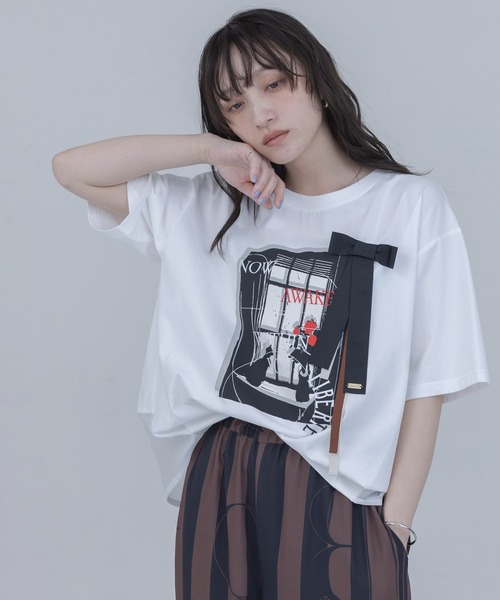 Eimee Law（エイミーロウ） tシャツ モノクロアートプリント リボン 