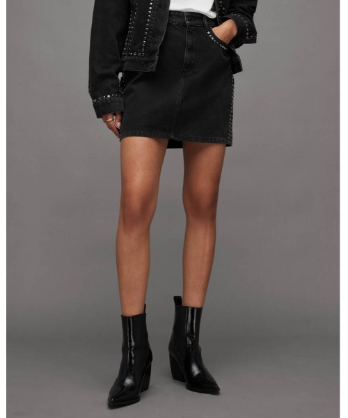 黒デニムタイトスカート スタッズ付き ALLSAINTS デニムスカート WINNIE SEAM STUDDED DENIM MINI