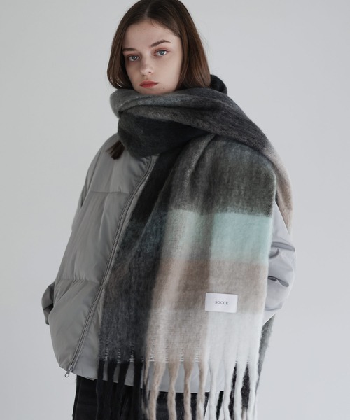 SOCCE マフラー ブロックチェックシャギーフリンジマフラー メンズ