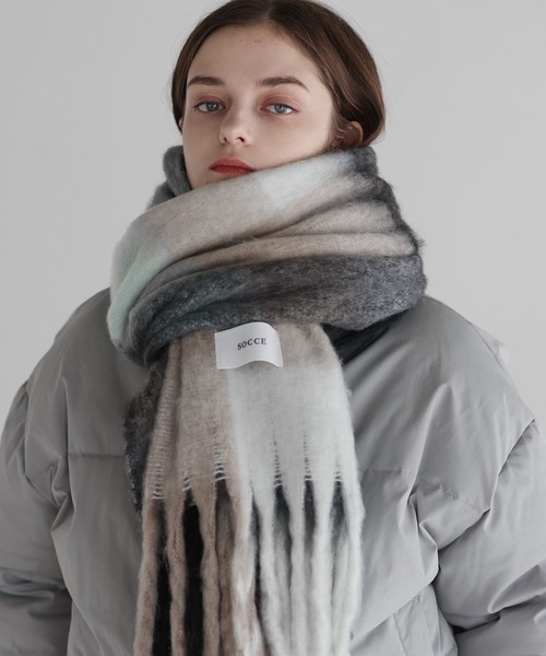 SOCCE マフラー ブロックチェックシャギーフリンジマフラー メンズ