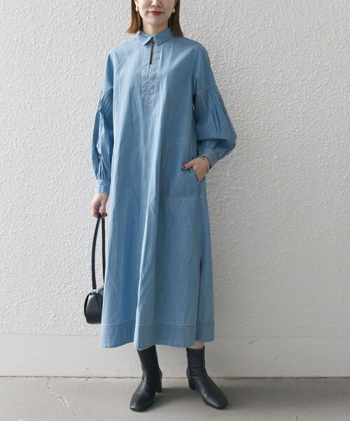 SHIPS any ワンピース any: ライトオンス デニム オープンカラー