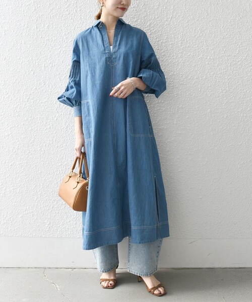 SHIPS any ワンピース any: ライトオンス デニム オープンカラー