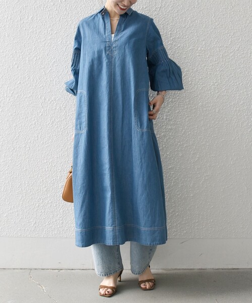SHIPS any ワンピース any: ライトオンス デニム オープンカラー