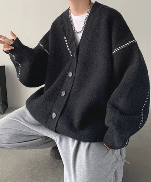 ALMO カーディガン モノトーンステッチデザインニットカーディガン(NEZ