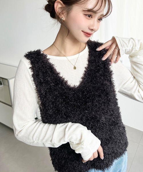 moment+ ベスト ジレ ブークレフェザーショートニットベスト