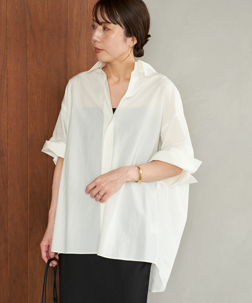 Plage RIAM ノーカラーシャツブラウス　ホワイト　フリーサイズ 追加予約》R'IAM ノーカラーシャツ（シャツ／ブラウス）｜Plage