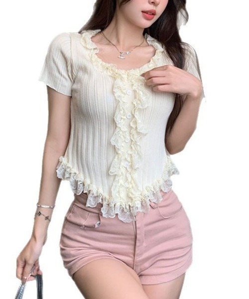 onum tシャツ フリルレースリブカーデトップス/レースフリルドッキング