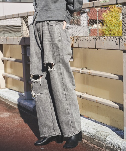 [Auntie Rosa Holiday] повреждение обработка Denim брюки MEDIUM серый женский 