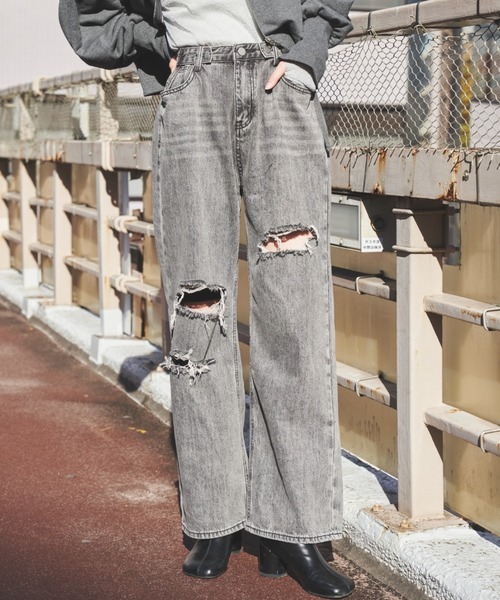 [Auntie Rosa Holiday] повреждение обработка Denim брюки MEDIUM серый женский 