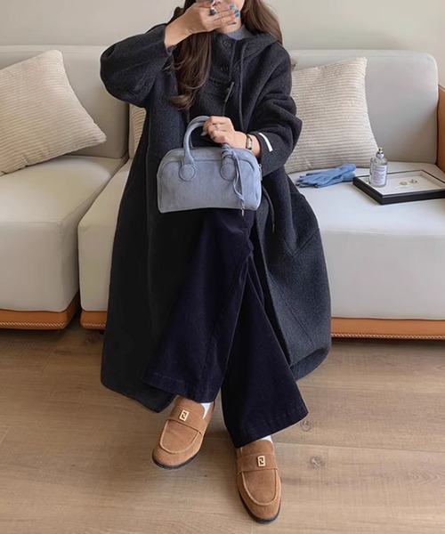 00s archive ウールロングコート 木製トグルボタン モード 黒色 aimoha（アイモハ） コート アウター トグルボタンナチュラルウール