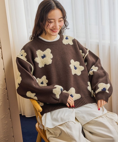 niko and…（ニコアンド） ニット セーター フラワージャガードニット