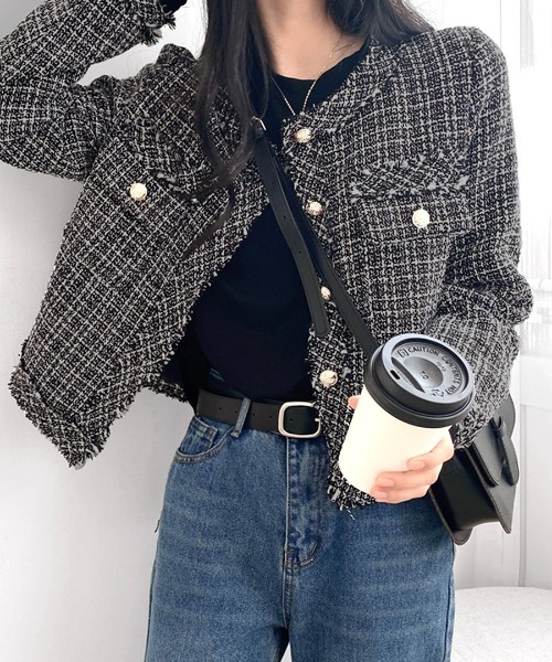 美品✨Theory 23AW ノーカラー ツイードクロップドジャケット 黒 Riff（リフ） ジャケット ノーカラージャケット ツイードノーカラー