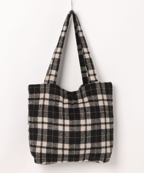 WOVEN 黒白チェック トートバッグ トートバッグ バッグ/チェック柄ネルシャツ風トートバッグ レディース