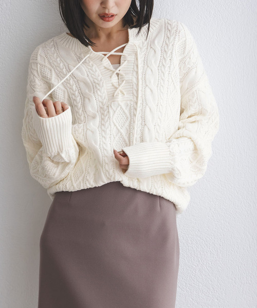 【NOBLE】2WAY ネックニット NOBLE（ノーブル） ニット セーター 2way地柄 レースアッププル