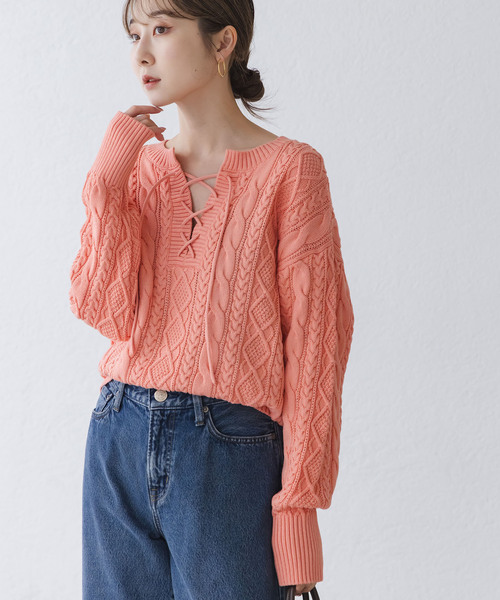 【NOBLE】2WAY ネックニット NOBLE（ノーブル） ニット セーター 2way地柄 レースアッププル