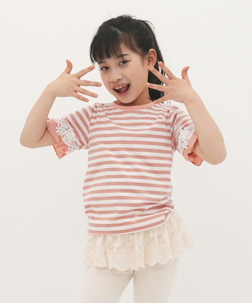 tシャツ Tシャツ ボーダー×袖レース半袖トップス キッズ : 39439096 