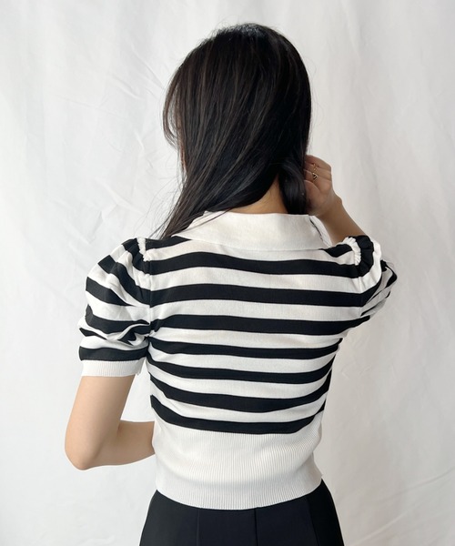 BORDERS パフスリーブ ストライプ Tシャツ 36 先染め ボーダー カットソー パフスリーブ プルオーバー