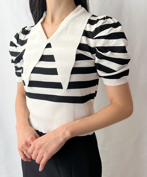 BORDERS パフスリーブ ストライプ Tシャツ 36 先染め ボーダー カットソー パフスリーブ プルオーバー
