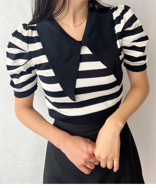 tシャツ ビッグカラーボーダー半袖パフスリーブニット