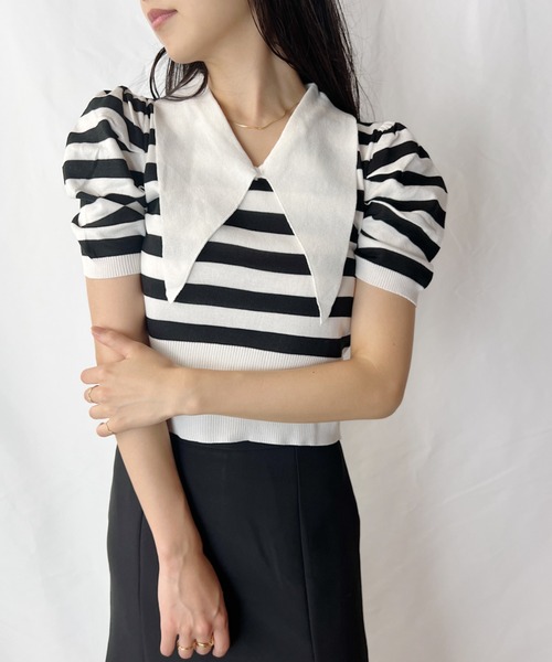 tシャツ ビッグカラーボーダー半袖パフスリーブニット