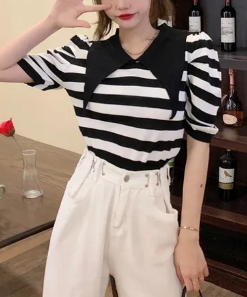 tシャツ ビッグカラーボーダー半袖パフスリーブニット