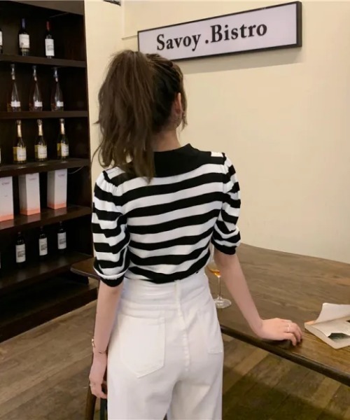 tシャツ ビッグカラーボーダー半袖パフスリーブニット