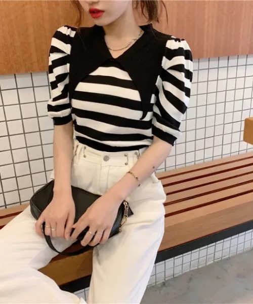 BORDERS パフスリーブ ストライプ Tシャツ 36 tシャツ ビッグカラーボーダー半袖パフスリーブニット