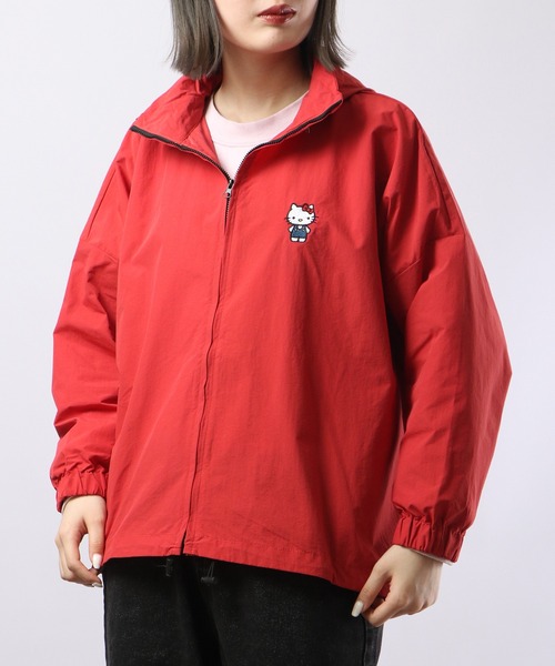 Potechino 半袖長袖2way 立体お花モチーフ 赤 ナイロン ジャケット Potechino 半袖長袖2way 立体お花モチーフ 赤 ナイロン ジャケット