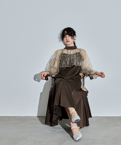 リーフチュールレースブラウスキャミワンピースセットドレス リーフチュールレースブラウスキャミワンピースセットドレス