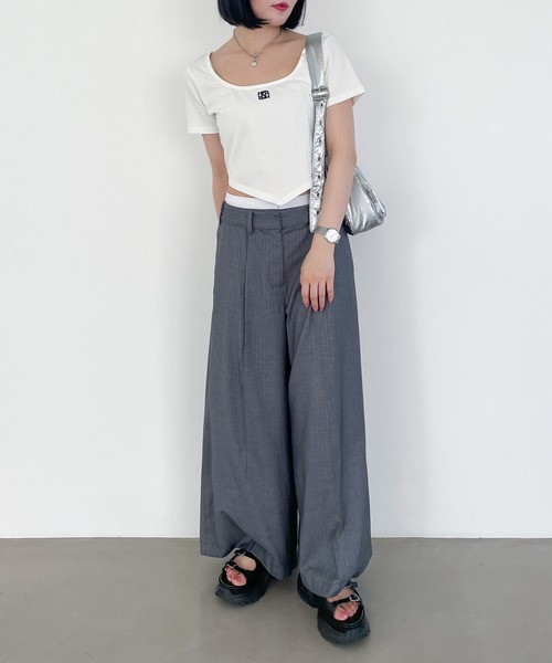 tシャツ ペタルスリーブショートトップ レディース Heather tシャツ ヘムデザインショートスリーブカットソー
