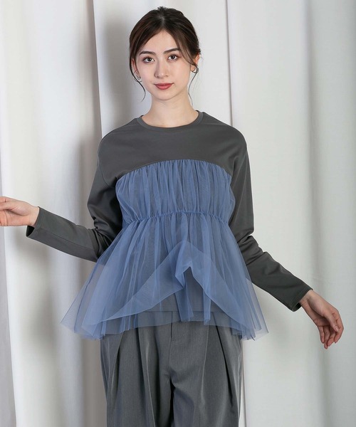 tシャツ チュールレイヤードドッキングスムースプルオーバー レディース