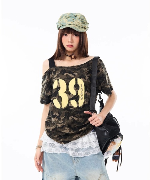 カジュアル 迷彩柄 オフショルダー長袖 スリム Tシャツ ルーズ DIAVEL tシャツ カモフラージュオープンショルダーTシャツ/迷彩
