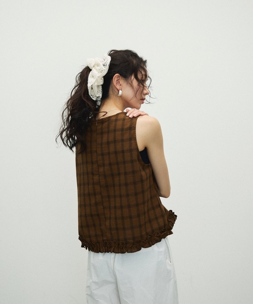 ブラウス シャツ Cotton Check Pattern frills Hem Blouse