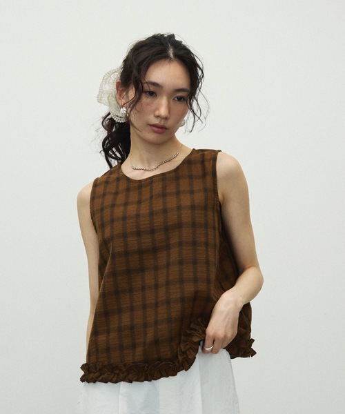 ブラウス シャツ Cotton Check Pattern frills Hem Blouse