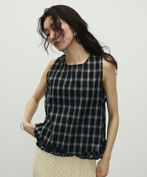 ブラウス シャツ Cotton Check Pattern frills Hem Blouse / コットン