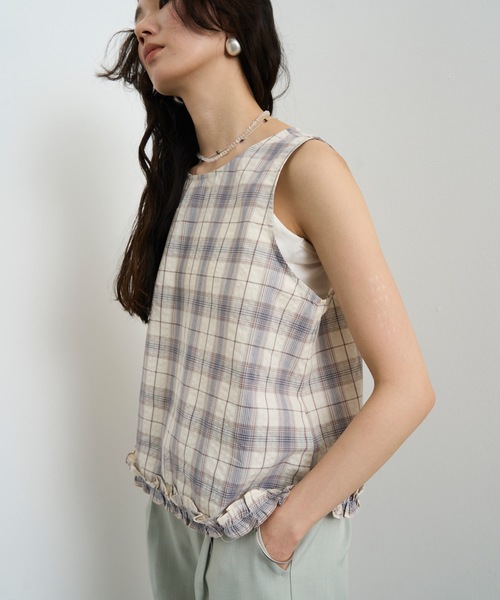 ブラウス シャツ Cotton Check Pattern frills Hem Blouse / コットン