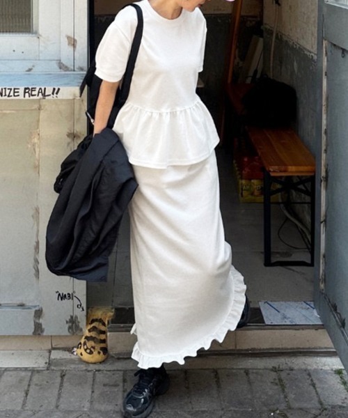 美品St ANDREWS春夏セットアップフード付きフルジップベストMスカートL白 セットアップ ペプラムトップス×フリルスカートセットアップ